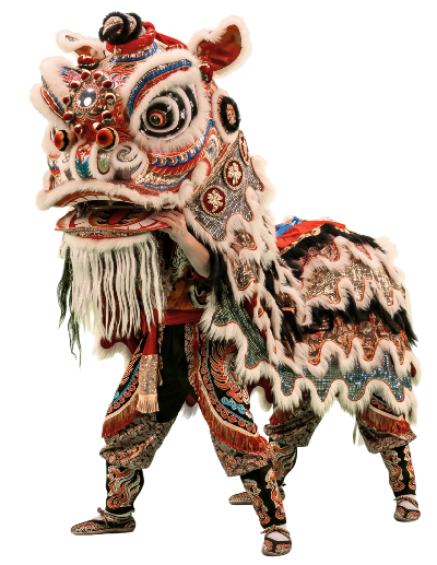 Danzante ejecutando la tradicional danza del león china con un colorido disfraz ornamentado sobre fondo negro